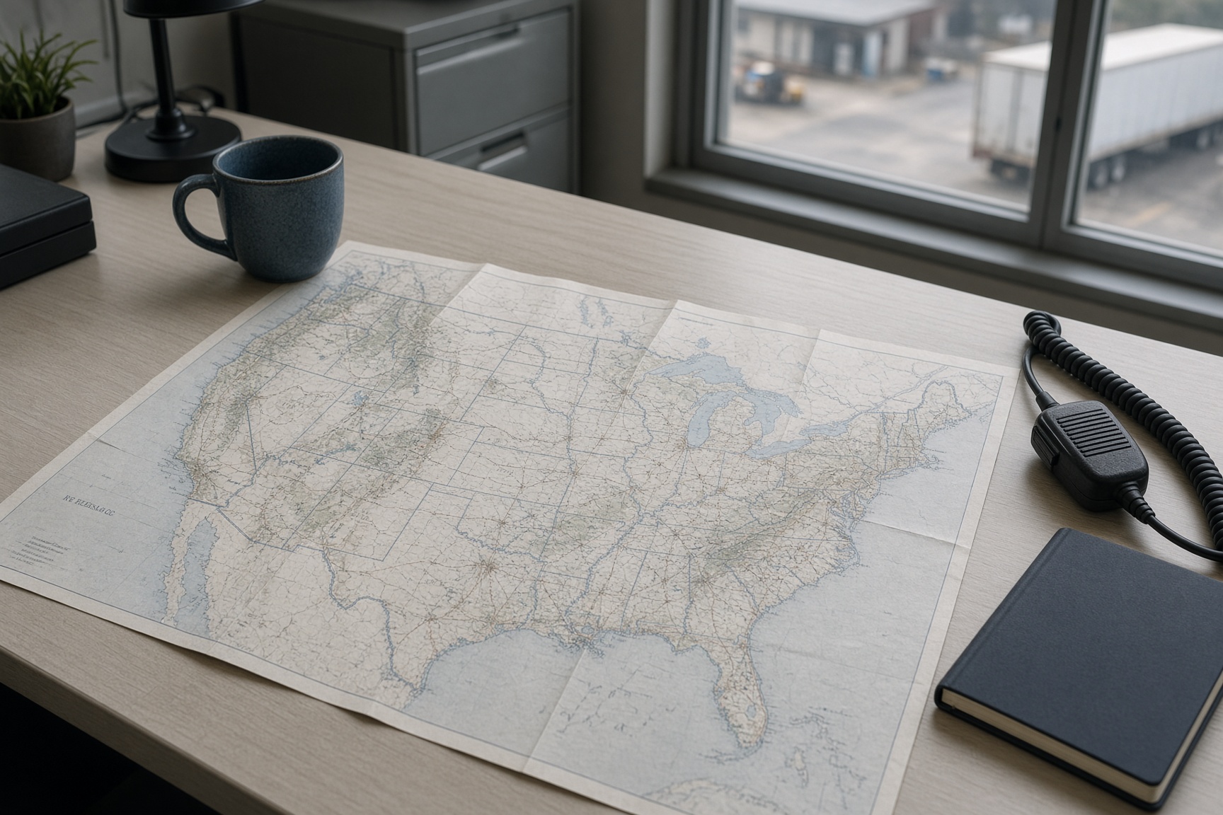 Dispatch desk with a map of the United States, a radio, and a closed notebook.